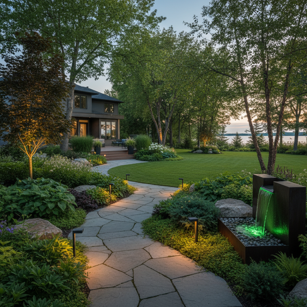Beautifully landscaped backyard with stone patio and lush garden beds